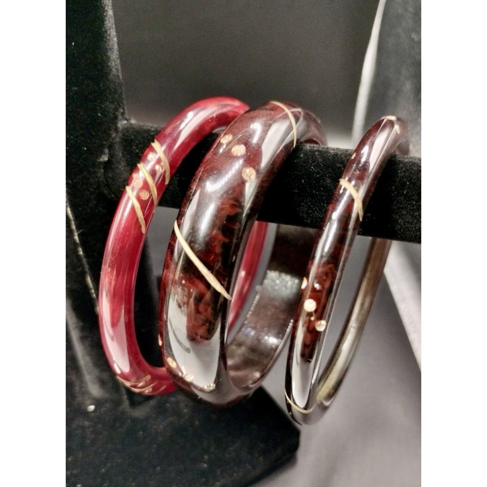 Bakelite Bangled Bracelets 3 Pc Cherry Red Tortoiseshell Rhinestone Wire Inlay